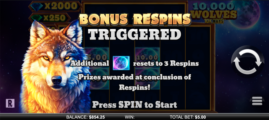 10,000 Wolves 10k Ways bonus respins triggered